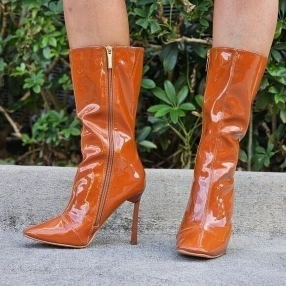 Women Mid Calf Square Toe Heel Boot Tan Color - Picture 3 of 6